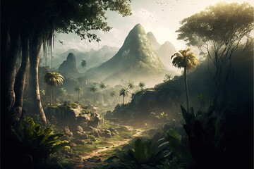  a painting of a jungle scene with a mountain in the distance and palm trees in the foreground and a bird flying in the sky.  generative ai - obrazy, fototapety, plakaty