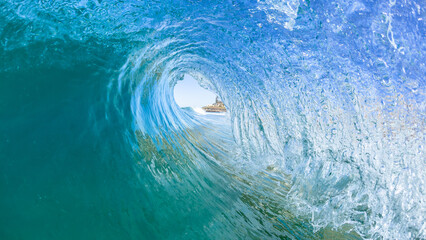 Wave Surfing Surfer Perspective Hollow Tube Ride Inside Out Blue Water Ocean.
