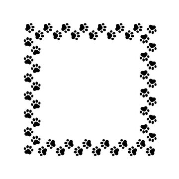 Frame paw pattern. Cute square border dog or cat. Black footprint boarder isolated on white background. Mark animal frames. Silhouette step for design prints. Footmark lines. Vector illustration