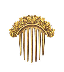 Watercolor vintage antique jewelry gold bronze hairpin comb hair with ornate ornament isolated on white background. Hand drawn illustration sketch - obrazy, fototapety, plakaty