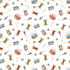 Watercolor vintage antique handicraft tools for sewing seamless pattern isolated on white background. Hand drawn illustration sketch