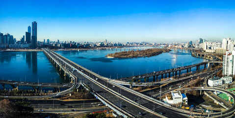 Panorama of the Mapo bridge over the Han River with Yeouido in the background, Seoul, South Korea.