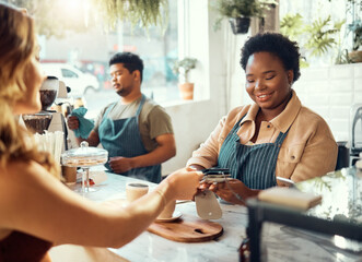 Credit card, payment and shopping with black woman in coffee shop for retail, restaurant and food service. Finance, store and purchase with customer buying in cafe for spending, consumer and sales - obrazy, fototapety, plakaty
