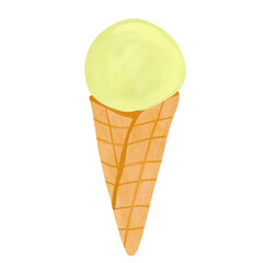 Watercolor ice cream in waffle cone. Summer cold sweet tasty food. Hand painted ice cream illustration isolated.