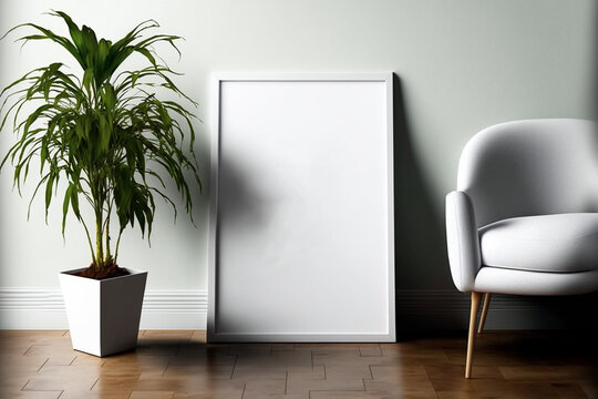 Blank White Poster Displayed on Wooden Floor with Picture Frame Mockup - Perfect for Showcasing Your Design Layouts in a Modern Home Interior Setting