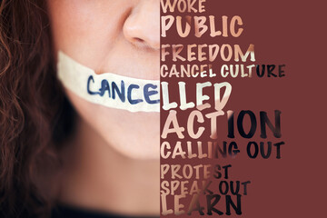 Woman, silence and tape on mouth with words to voice gender based violence, protest or message. Female lips sealed or cancelled in collage, text or letter overlay to fight against political democracy