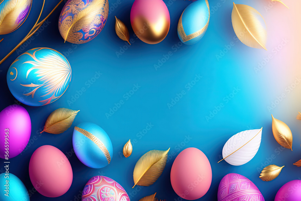 Poster beautiful colorful composition with richly luxuriously decorated easter eggs and feathers in blue an