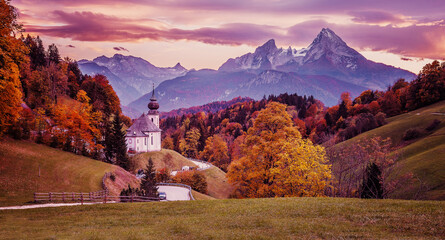 Stunning nature landscape. Incredible autumn scenery. Scenic mountain landscape in the Bavarian...