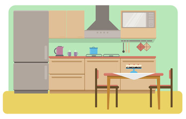 Cozy kitchen interior. Fridge, microwave, oven, dinner table. Flat vector illustration