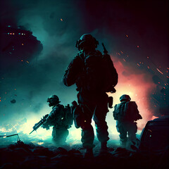 Obraz na płótnie Canvas Modern war, warfare battle with soldiers and explosions, AI generative