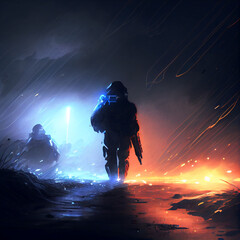 Obraz na płótnie Canvas Modern war, warfare battle with soldiers and explosions, AI generative