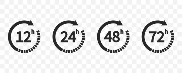 12, 24, 48 and 72 hours clock arrow. Delivery and service time. Vector icon Illustration. EPS 10 