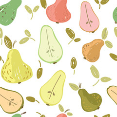 Fresh pears background. Hand drawn overlapping backdrop. Colorful wallpaper vector. Seamless pattern with fruits collection. Decorative illustration, good for printing. Design poster