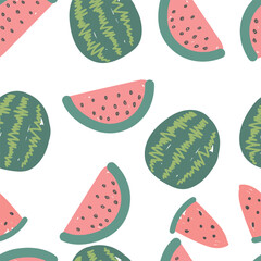 Fototapeta premium watermelon slices and doodles vector seamless pattern. hand drawn. illustration for wallpaper, wrapping paper, textile, background. red juicy summer fruit