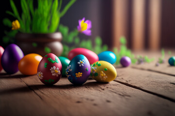 Easter eggs decoration on dark wood background with flowers. Generative ai
