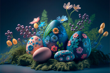 Obraz na płótnie Canvas Easter eggs with nature elements decoration on dark blue background. Generative ai