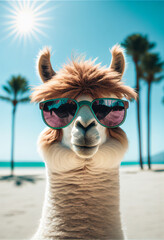 Portrait of Alpaca in sunglasses at the resort. AI generated