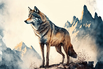 Digital watercolor painting of a wolf in the mountains. 4k Wallpaper, background