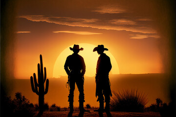 Fototapeta premium Two cowboys in front of a beautiful sunset. AI generated.