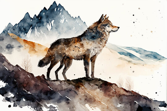Digital watercolor painting of a wolf in the mountains. 4k Wallpaper, background