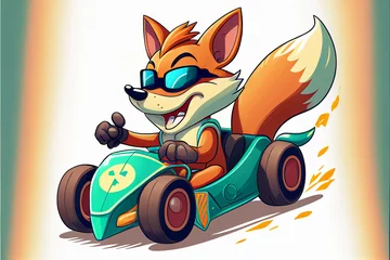Fototapeten Fox cub driving a racing car. AI generated © StockMediaProduction