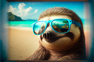 Portrait of a Sloth in sunglasses on the background of a tropical beach. AI generated