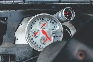 High angle view of a rev counter, speedometer of a car. Copy space.