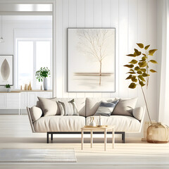 Cozy modern living room interior with beige sofa and decoration room on a beige or white wall background
