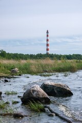 view of the high lighthouse on lake Ladoga