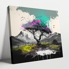 paint splatter on canvas spring landscape tree green grass art color water windy weather cold desing 
