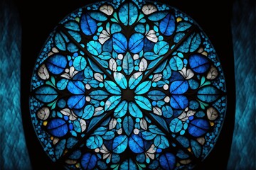  a circular stained glass window with blue butterflies in it's center and a black background with a blue circle in the middle of the window.  generative ai