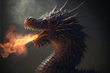 Plakat a fire breathing dragon in nature, created with generative ai technology