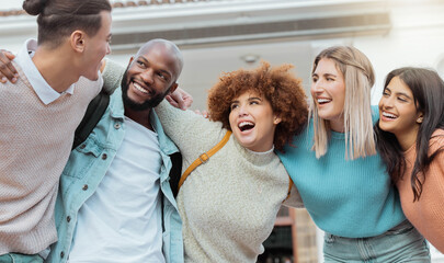 Students, friends and happy portrait of people with diversity, collaboration and university support. Student funny joke, smile and college group outdoor ready for learning and teamwork with laugh
