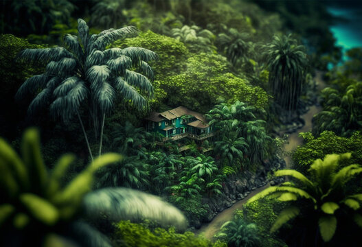 A Dreamy Artificial Jungle: A Realistic Tilt-Shift Perspective of Nature's Colorful Foliage and Reflections of Sunlight