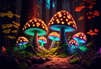 Fototapeta premium Neon-Illuminated Macrocosm: AI-Generated 3D Render of a Colorful and Glowing Forest of Fungi and Foliage