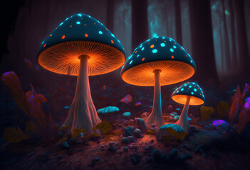 Fototapeta premium Ai-Generated 3D Neon Forest of Glowing Macrofungi