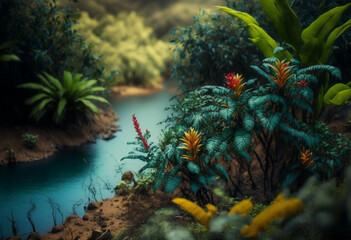 Naklejka premium A Dreamy Artificial Jungle: A Realistic Tilt-Shift Perspective of Nature's Colorful Foliage and Reflections of Sunlight
