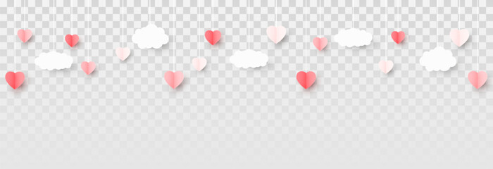 Vector hanging paper hearts and clouds png. Multicolored heart-shaped paper confetti and clouds png. Valentine's Day, March 8, Mother's Day.