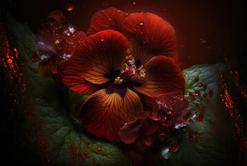 Imaginative and strikingly beautiful vibrant red forest flower in bloom reminiscent of a pansy, captivating and eye-catching beauty of nature - generative AI illustration
