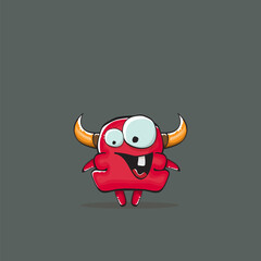 Naklejka premium Vector cartoon funny red monster with horn isolated on grey background. Smiling silly red monster print sticker design template. Ghost, troll, gremlin, goblin, devil and monster