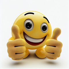Cheerful 3D emoticon, with arms and legs, smiling face and mouth. Emoticon showing thumbs up, gesture of approval, agreement or encouragement. White background.