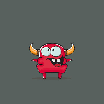 Vector cartoon funny red monster with horn isolated on grey background. Smiling silly red monster print sticker design template. Ghost, troll, gremlin, goblin, devil and monster