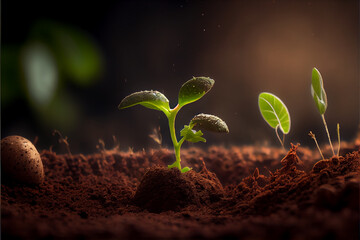 Fototapeta na wymiar Concept of agriculture, seed germination and transformation into a sprout. Backlight illumination. Young plant in black soil. Defocused background.