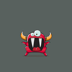 Vector cartoon funny red monster with horn isolated on grey background. Smiling silly red monster print sticker design template. Ghost, troll, gremlin, goblin, devil and monster