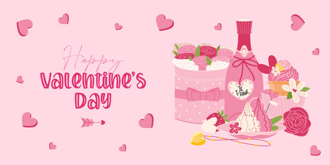 Valentines day banner with flower gift box with pink bow, gold and red hearts, champagne bottle, sweets on pink background. Concept holiday card, flayer, poster, decor