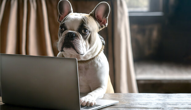 Frenchie, a French bulldog puppy dog using a laptop, pup has it paws up on the laptop keyboard looking at who is watching him.  This is an image of a pet dog working at the computer generative ai.