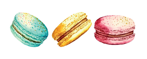 Watercolor set macaroons decorated isolated on white background. Hand drawn illustration of popular crunchy dessert for cafe decoration