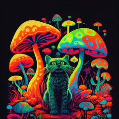 Fototapeta na wymiar Psychedelic trippy cat acid with neon mushroom hippie illustration. groovy postcard with kitten