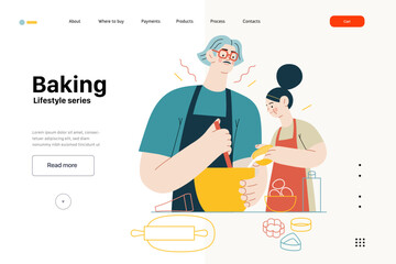 Lifestyle web template -Baking -modern flat vector illustration of a man and a girl wearing aprons making dough baking cookies. The girl is pouring some milk into mixture. People activities concept