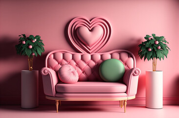 modern living room with pink sofa, valentine's decor, love, generative ai